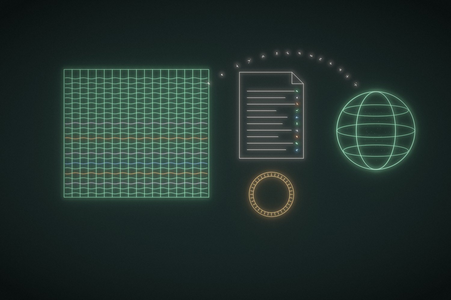 Line drawing in light: a woven tapestry of colored rows, a ledger with marks beside each line, a seal, and light flowing out to a globe.