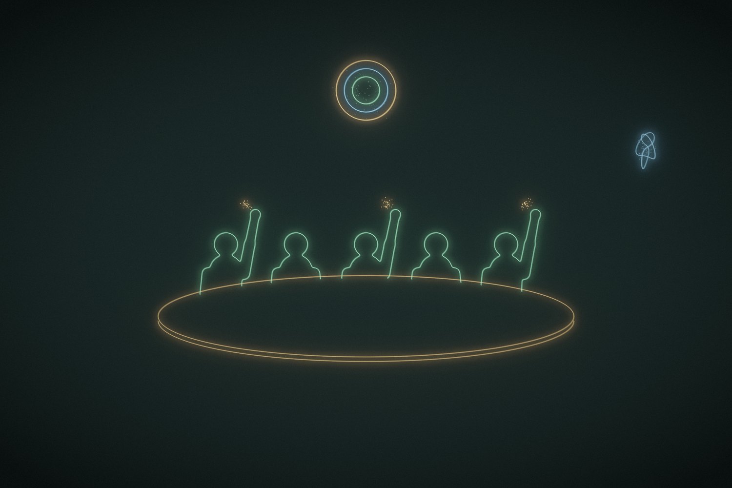 Line drawing in light: five people at a round table, three with raised hands, a knot of gold, blue and green rings above them, and a small blue AI mind offering counsel from the side.